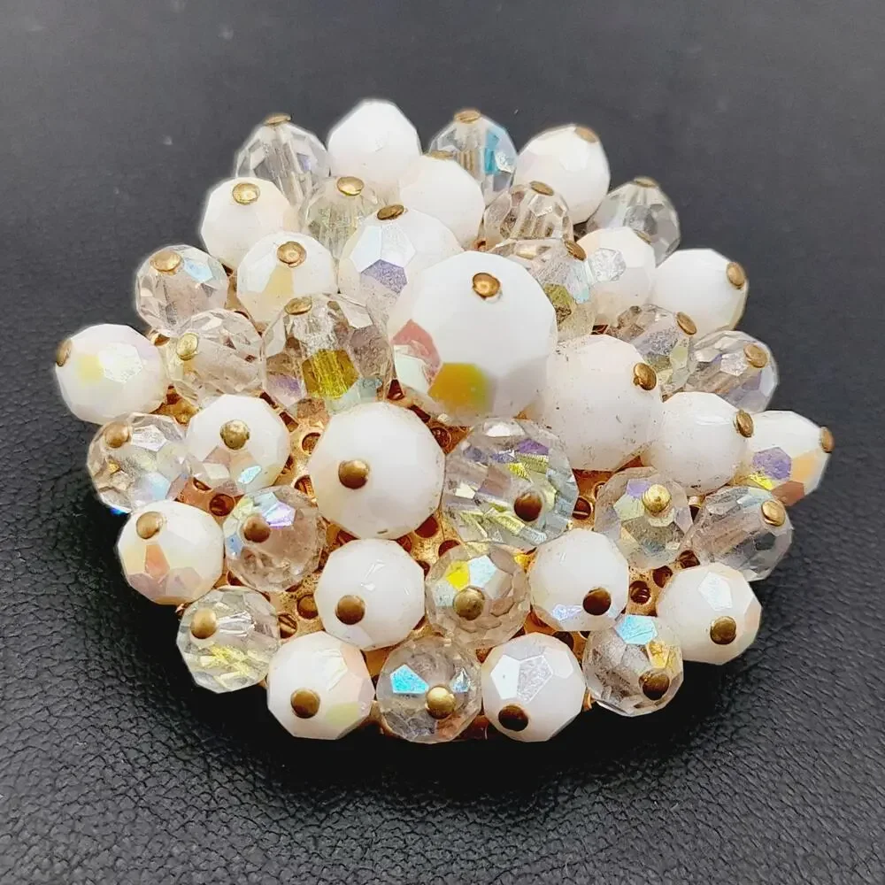 Vintage Beaded Brooch Clear & White AB Crystals Gold Tone Round 2 Inch